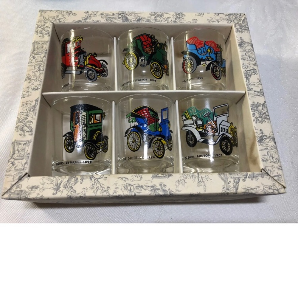 Vintage VMC Reims France Automotive Shot Glasses Cars Dietrich Renault Orig Box